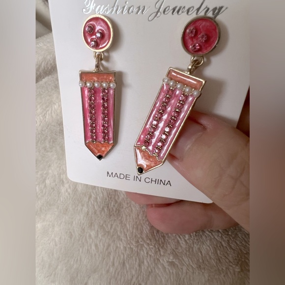 Pencil Dangle Earrings With Rhinestones - Picture 2 of 5